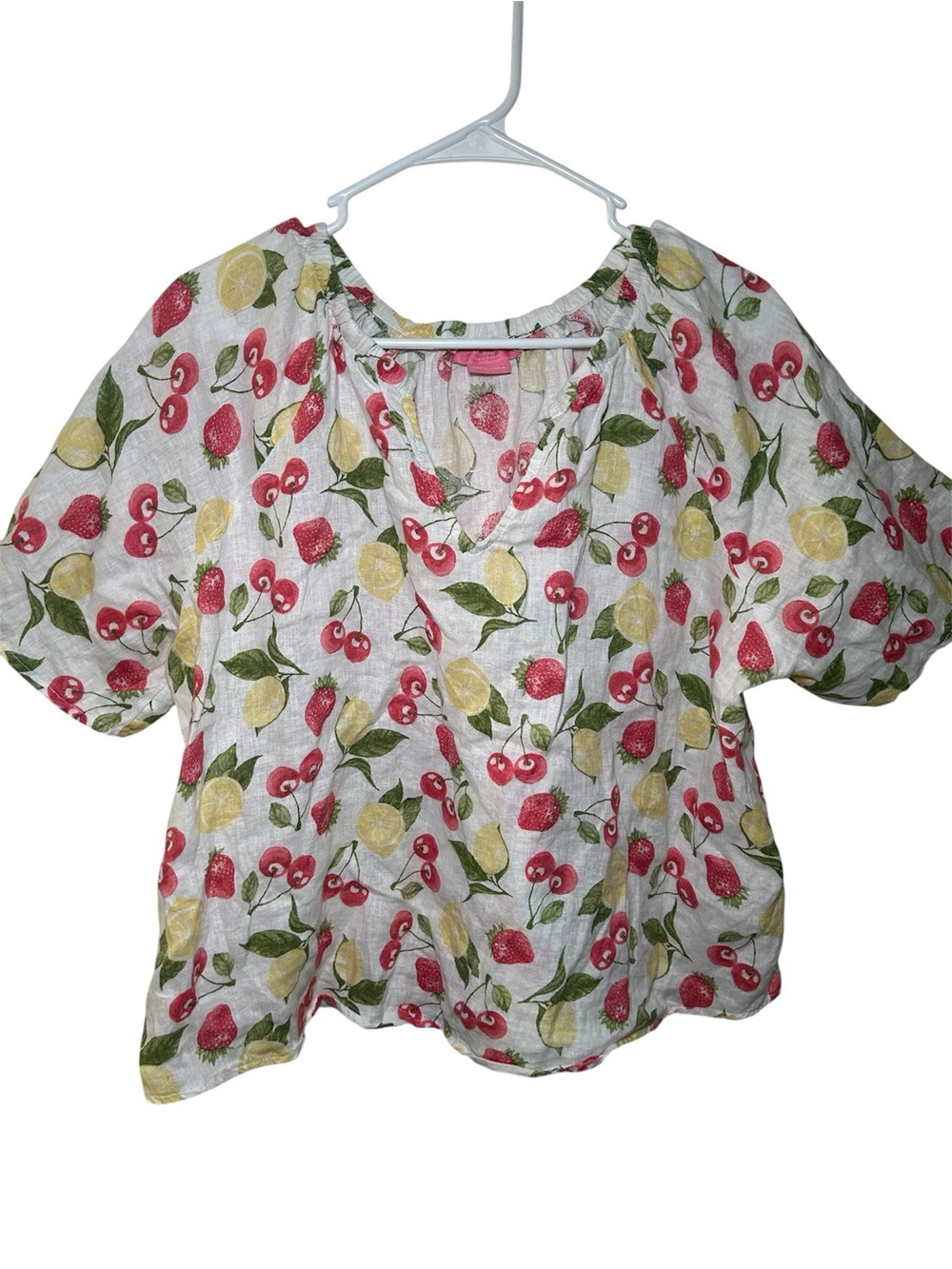 Isaac Mizrahi White Fruit Print Peasant Blouse Pink Yellow 100% Linnen Light 1X